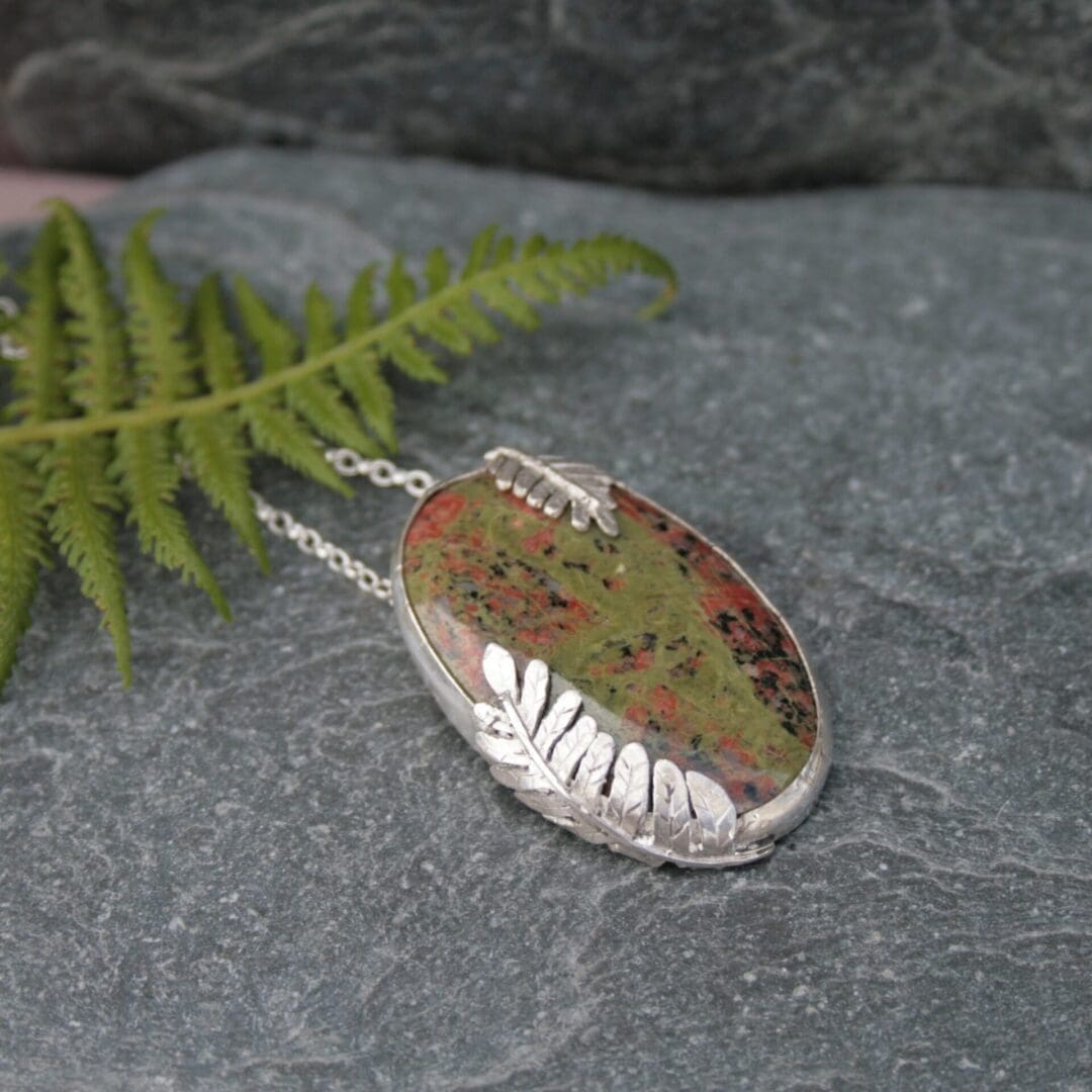 Scottish Lewisian Gneiss gemstone necklace with silver ferns