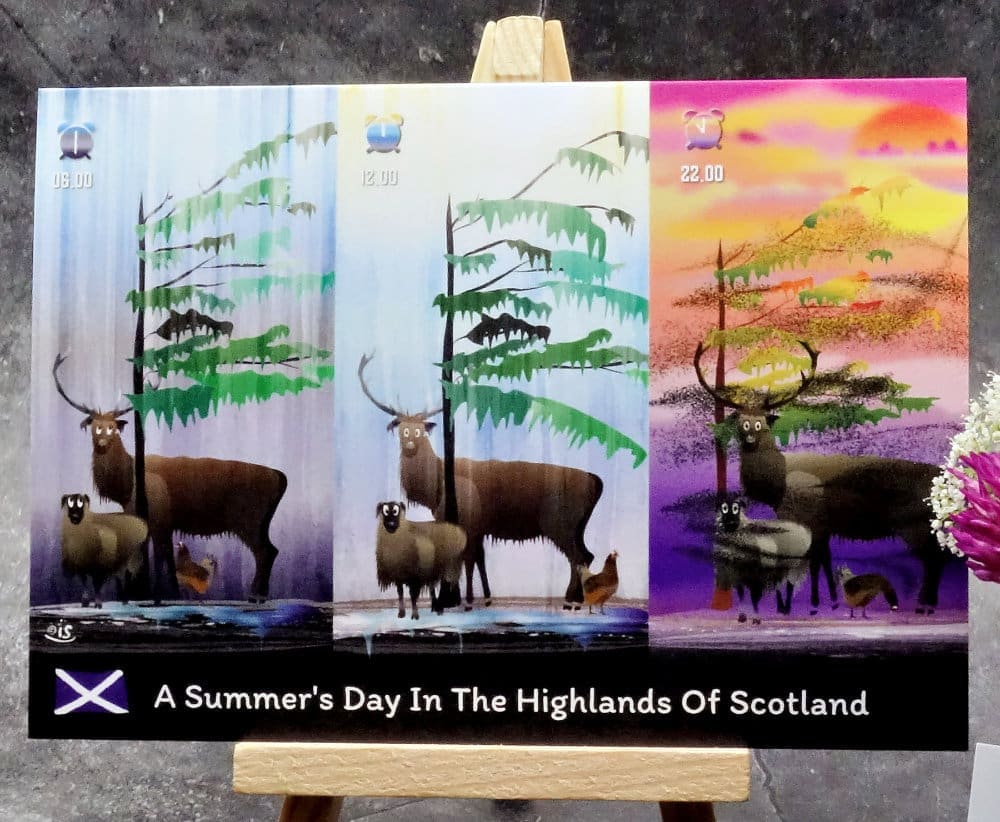 Larger image titled A Summer's Day showing an A6 size greetings card, blank inside, set on a small easel. A gently humorous 3-part scene of our highland weather and long suffering animals across a typical summer's day.