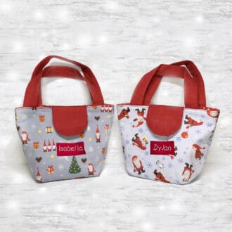 Childs personalised toy bag featuring Tomten Christmas gnomes in choice of design.