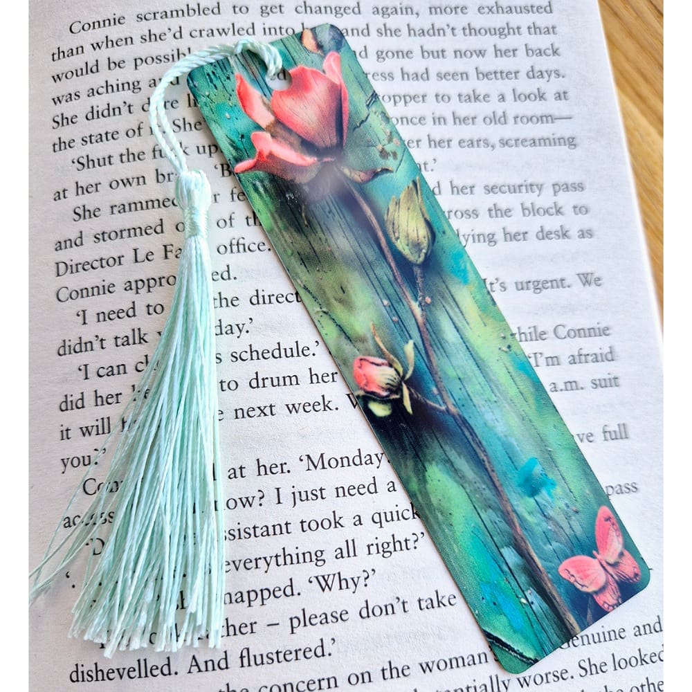 Aluminium bookmark - green pink flowers