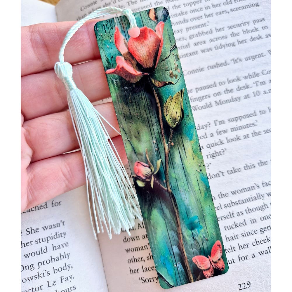 Aluminium bookmark - green pink flowers