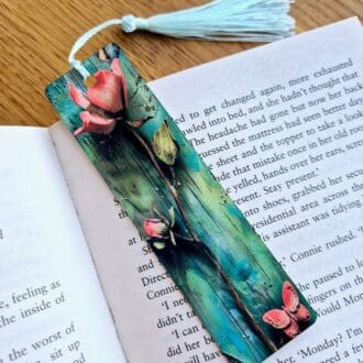 Aluminium bookmark - green pink flowers