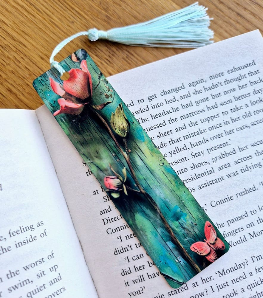 Aluminium bookmark - green pink flowers