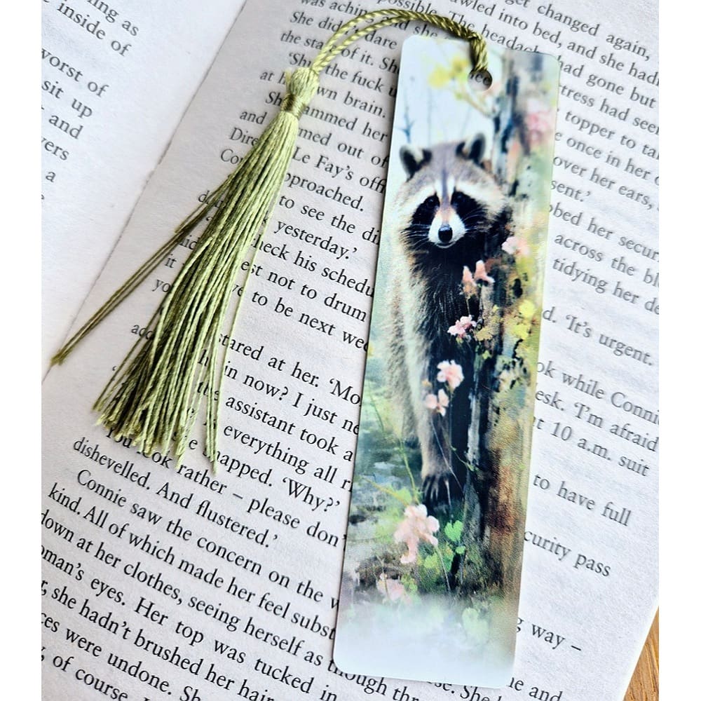 Aluminium bookmark - racoon - green - flowers