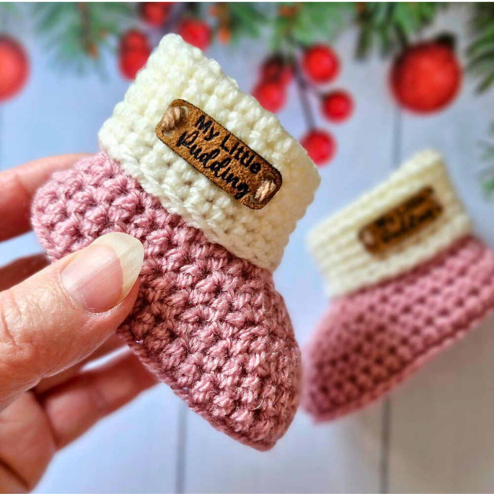 My Little Pudding Christmas themed crochet baby booties in sizes newborn, 0-3 and 3-6 months in various Colours