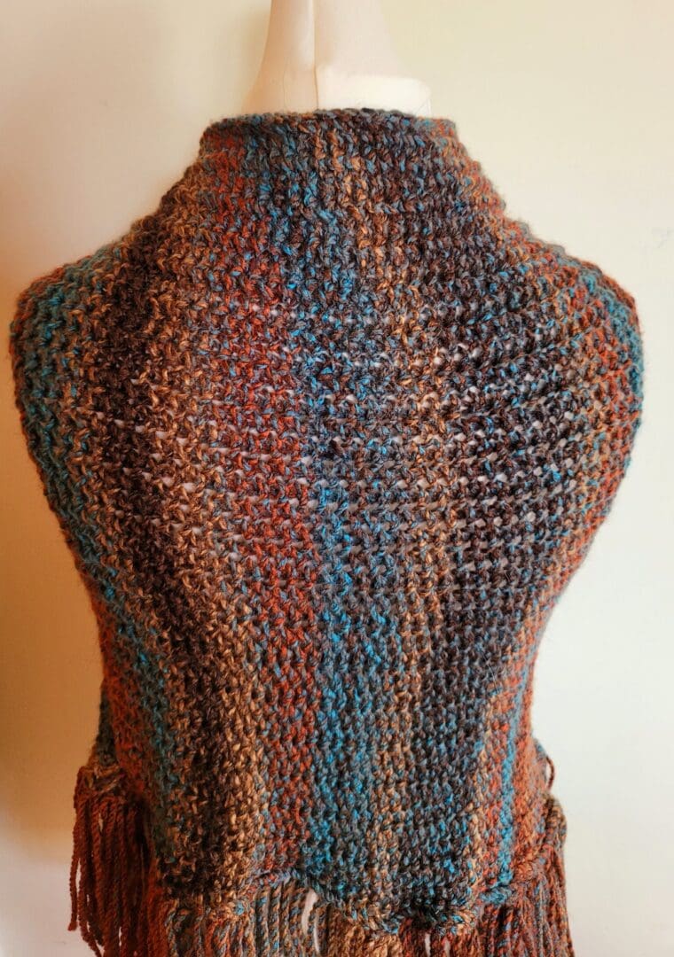 Brown and blue striped poncho. Shown from the rear on a mannequin