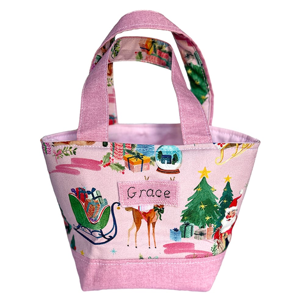 Childs toy shopping bag in Christmas print personalised with child's name