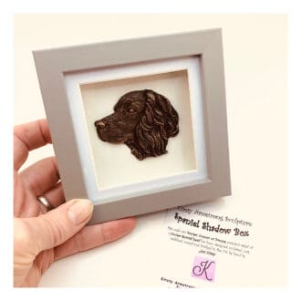 Cocker spaniel metal wall art mounted in a small box frame by Kirsty Armstrong sculpture