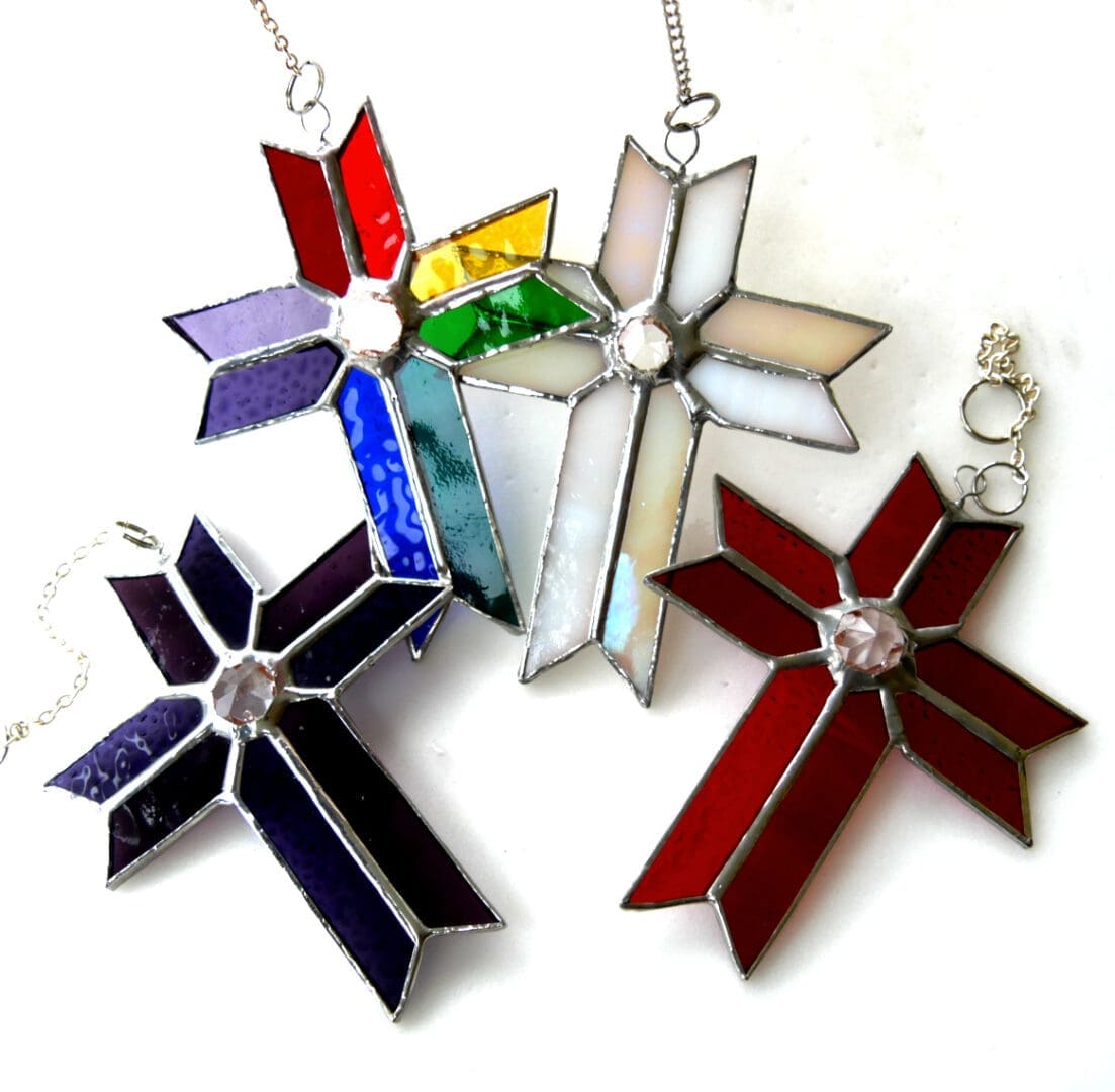 cross stained glass suncatcher red purple white rainbow