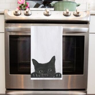 peeking cat tea towel by Libra Fine Arts