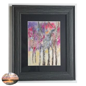 Framed watercolour painting of quirky coloured fiery forest