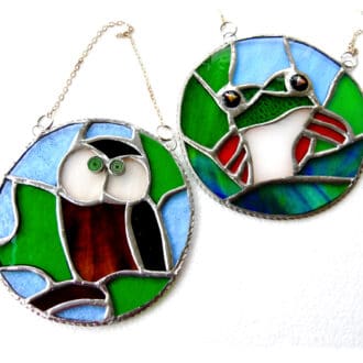 Frog owl ring stained glass suncatcher