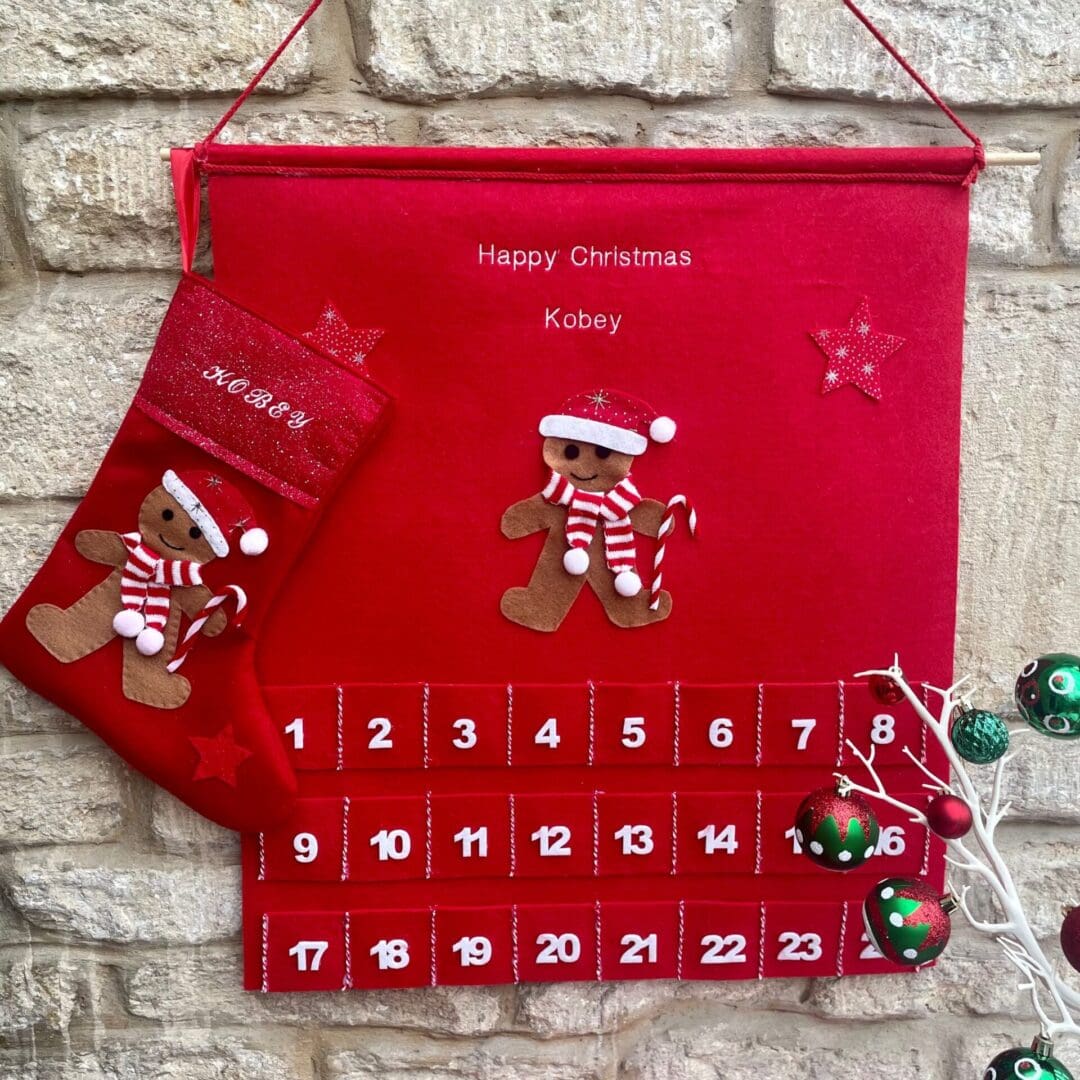 Personalised Gingerbread boy Christmas Advent calendar with matching stocking