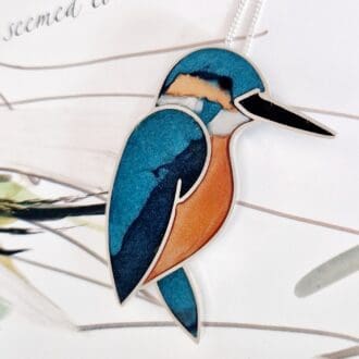 Handmade large sterling silver kingfisher pendant inlayed with teal resin and orange polymer clay