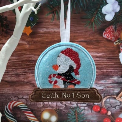 Personalised Snow Globe Christmas Hanging Decoration Penguin Blue