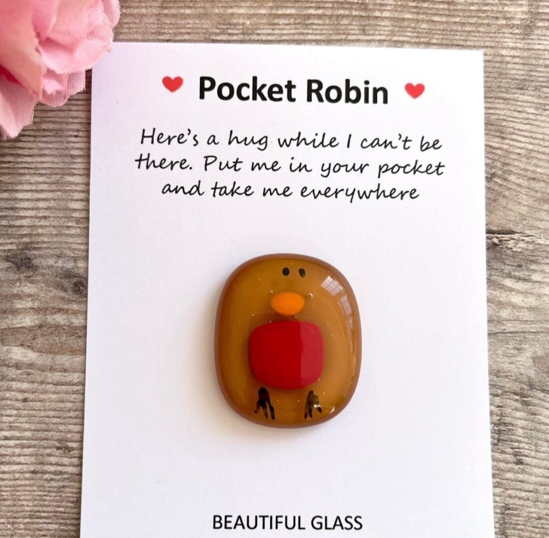 Fused glass robin pocket hug