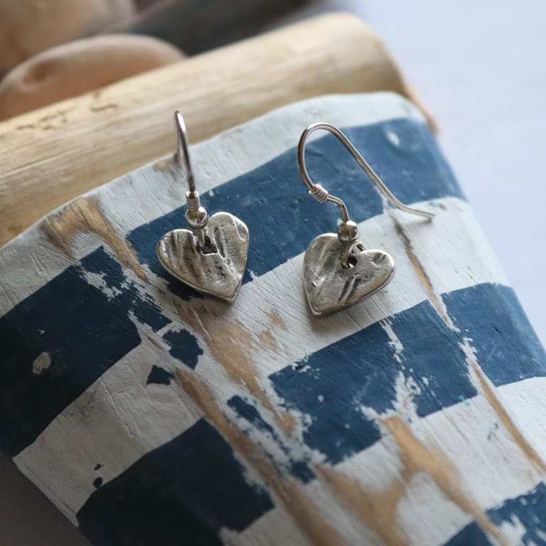 Silver-bark-textured-heart-drop-earrings