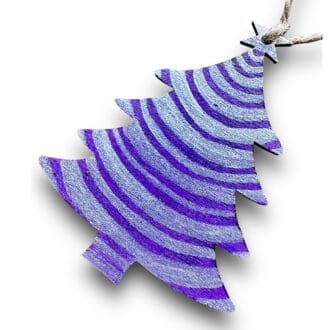 Purple and silver striped Christmas tree shaped, wooden decoration with twine to hang. Length 8 cm. Width 5.5 cm.