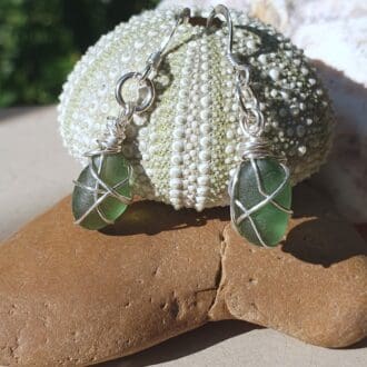 A small green sea urchin on a tan coloured stone, with green sea glass earrings wrapped in silver wire hanging from the urchin