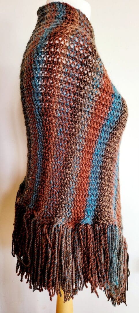 Brown and blue striped poncho with long tassels shown from the side on a mannequin