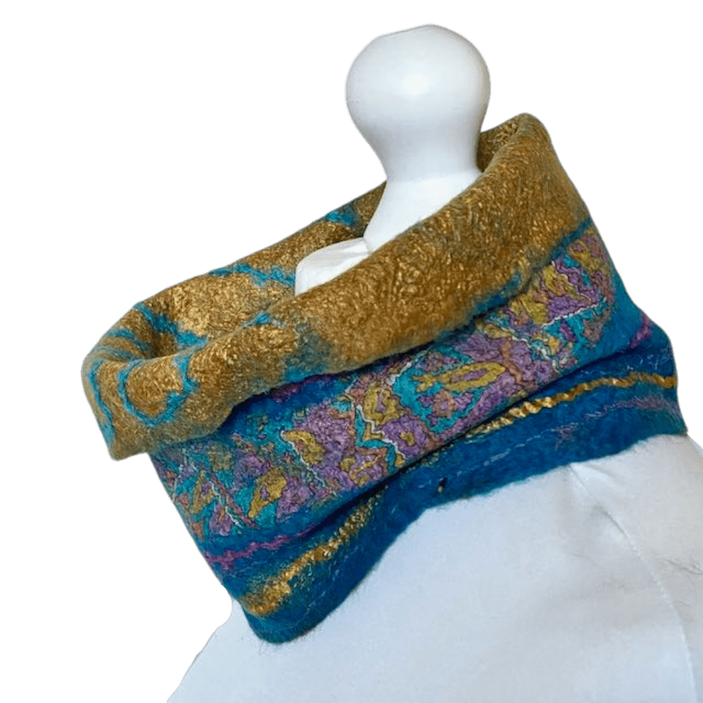 cowl-handmade-felt-blue-gold-marian-may-textile-art