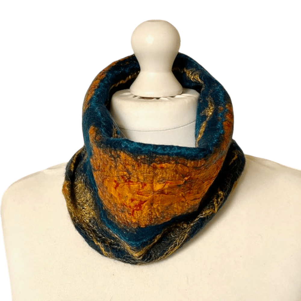 handmade-cowl-blue-gold-wool-silk-felt-marian-may-textile-art