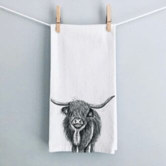 highland cow wildlife tea towel by libra fine arts