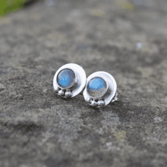 round sterling silver stud earrings set with labradorite stones