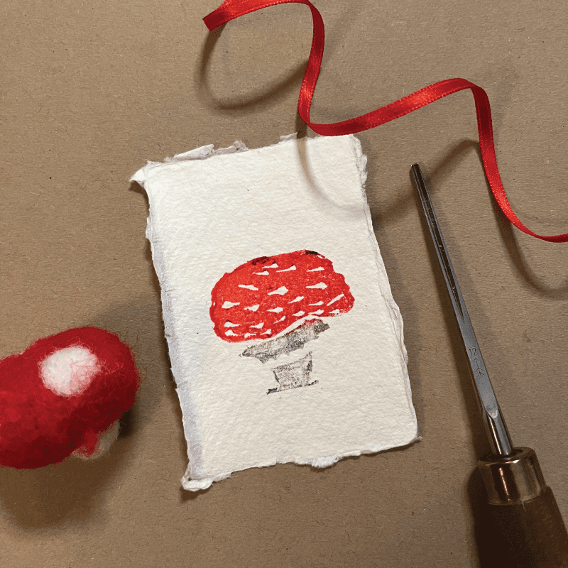 Mini mushroom block print on handmade paper