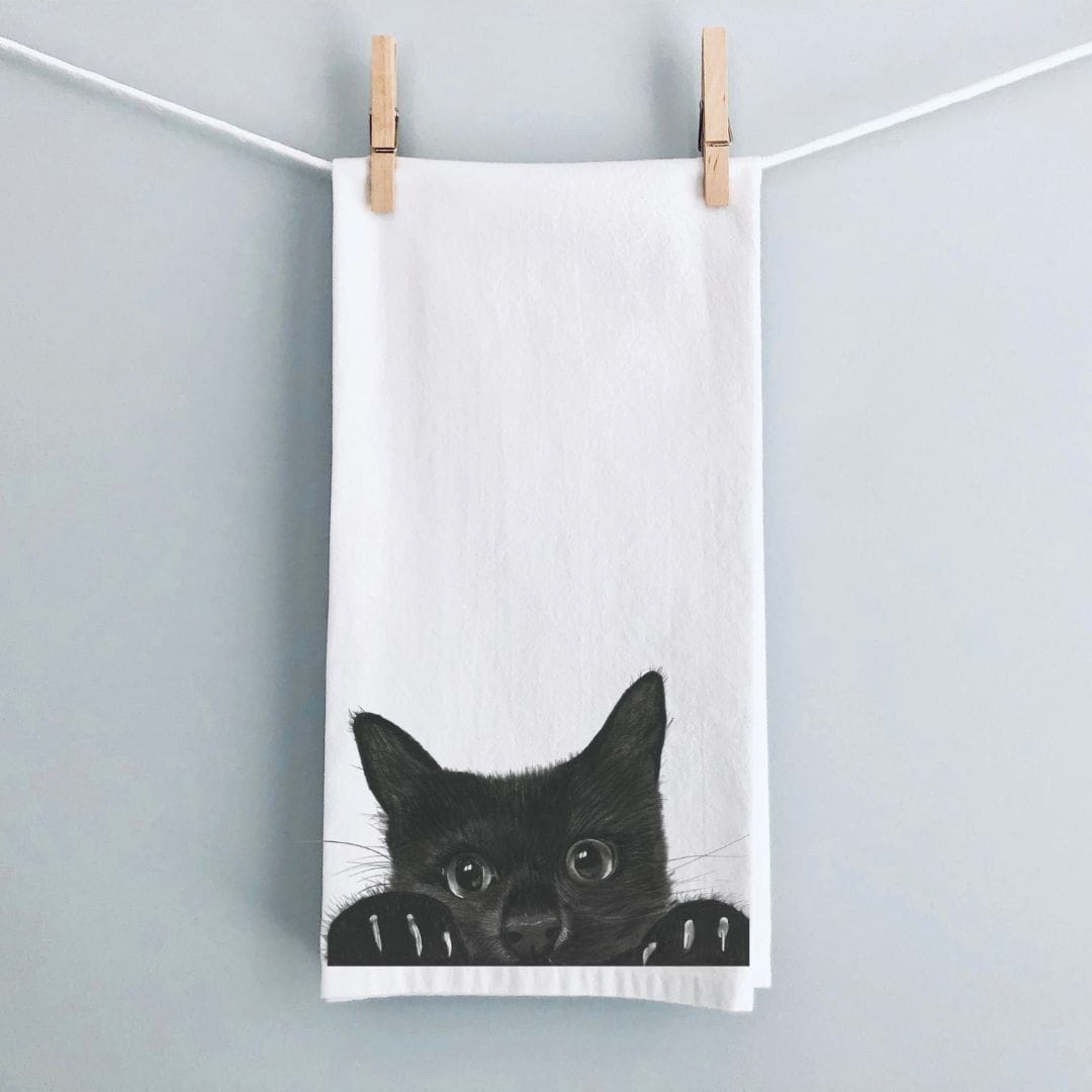 peeking cat tea towel by Libra Fine Arts