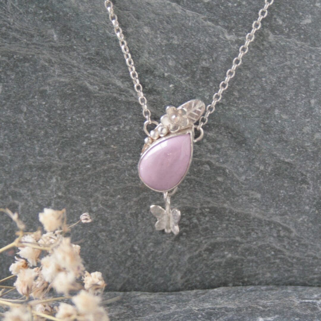 Phosphosiderite gemstone necklace with a silver butterfly and flowers