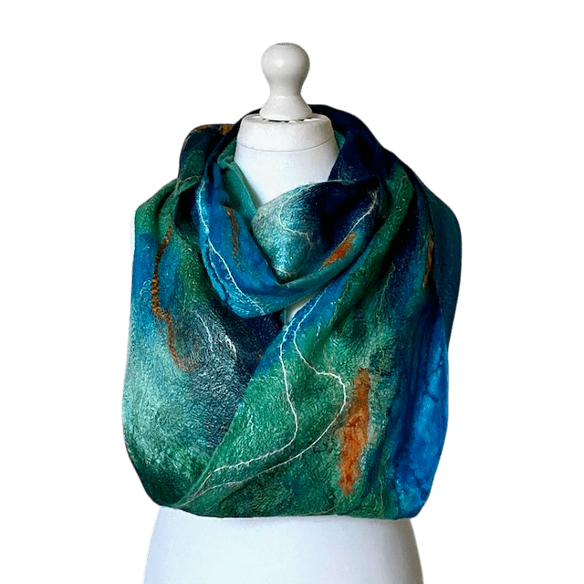 scarf-cowl-handmade-felt-kingfisher-blue-green-orange-marian-may-textile-art