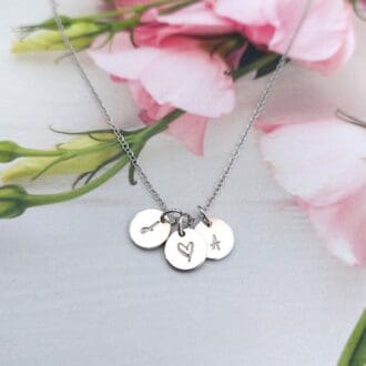 sterling silver 9mm disc necklace featuring initials of loved ones