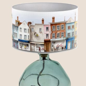 houses cafes and shops illustration colourful lampshade with town scene lightshade