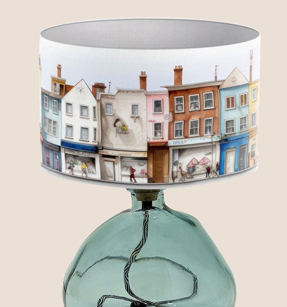 houses cafes and shops illustration colourful lampshade with town scene lightshade