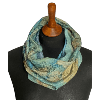 teal-silk-wool-cowl-handmade-unique-botanical-prints--nuno-felt-marian-may-textile-art