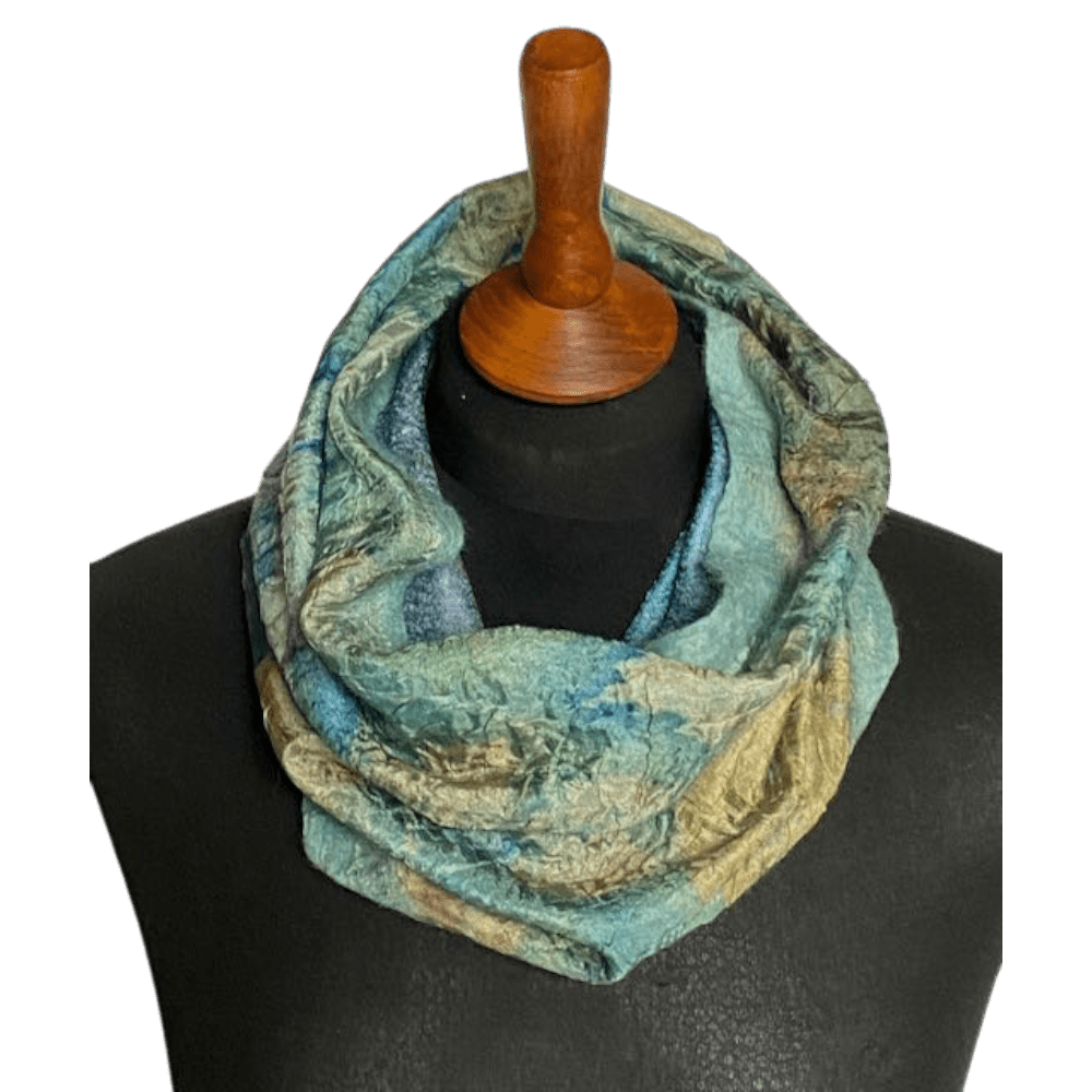 teal-silk-wool-cowl-handmade-unique-botanical-prints--nuno-felt-marian-may-textile-art