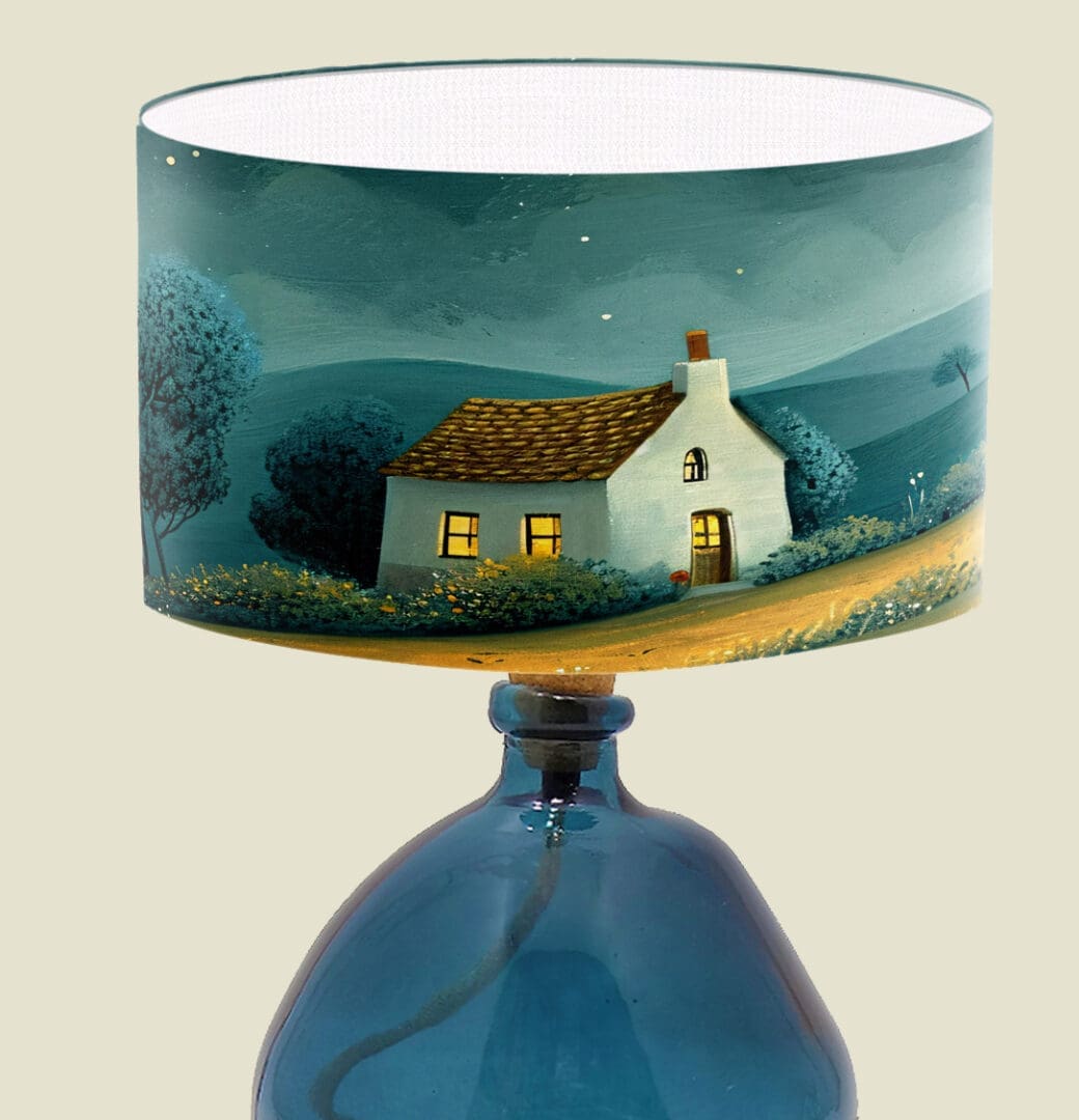 house on the hill illustration lampshade cottage countryside scene lightshade