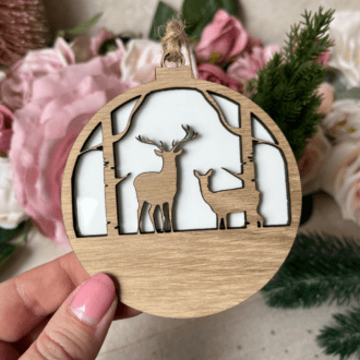 wooden reindeer bauble for families first Christmas