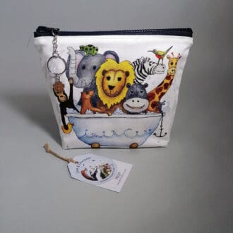 Fun washbag features an irresistible print of jungle animals sharing a bathtub, perfect for any animal lover! Made from premium cotton with a water-resistant lining to protect against spills and an internal pocket. The chunky zipper fastening includes a chic chain and ring pull adorned with a paw print charm, adding a fun touch of sparkle.