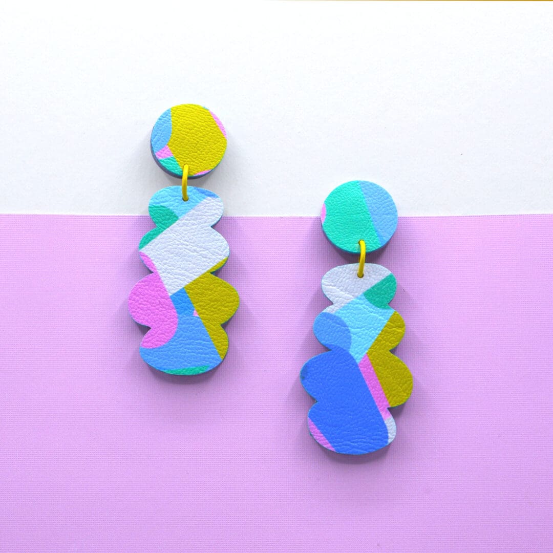 60s inspired drop stud earrings. Modern retro studs with a colourful geometric design. Fun and fashionable