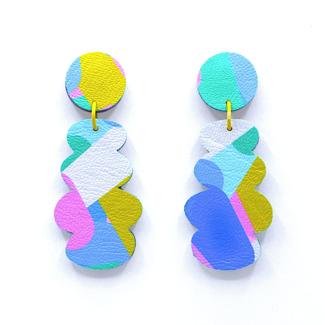 60's inspired drop stud earrings. Modern retro vibe with colourful geometric pattern