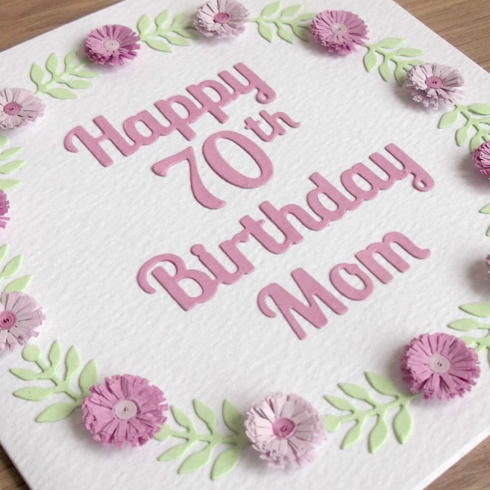 Handmade 70th birthday card with lilac quilled flowers