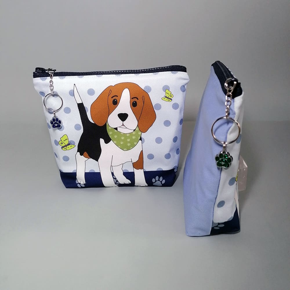 Make up bag in soft pale blue cotton with a Beagle pup print