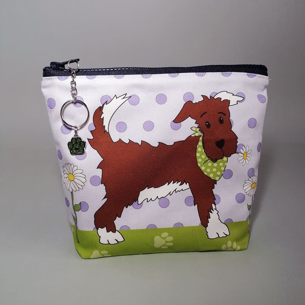 Adorable pup in a bandana on a cotton, handmade, cosmetic purse. Ideal gift for dog lovers