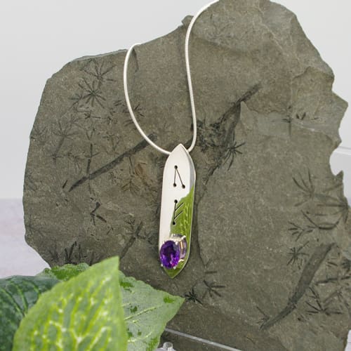 Sterling silver and oval amethyst handmade OOAK rune inspired pendant