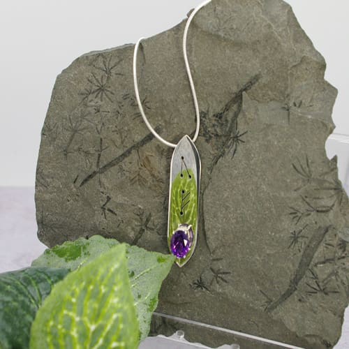 Oval Amethyst and Sterling Silver handmade OOAK rune inspired pendant