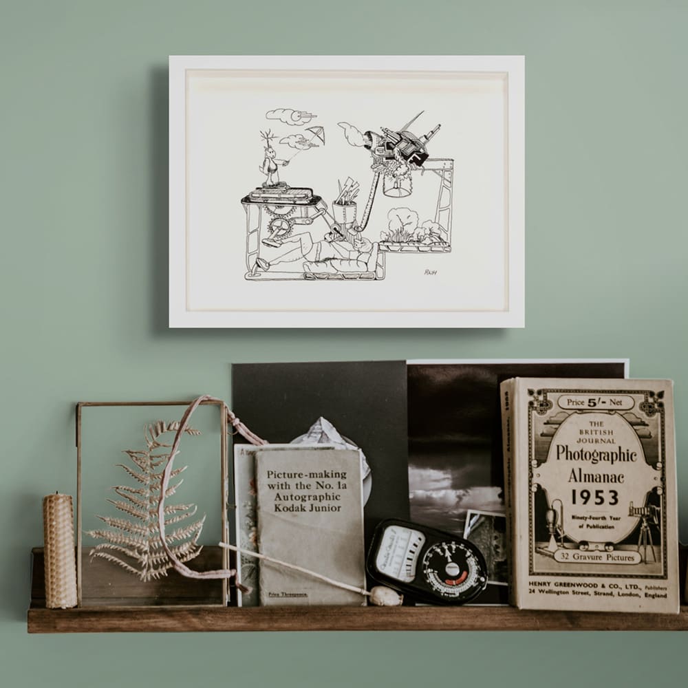 Art print weather machine black white line drawing shelf