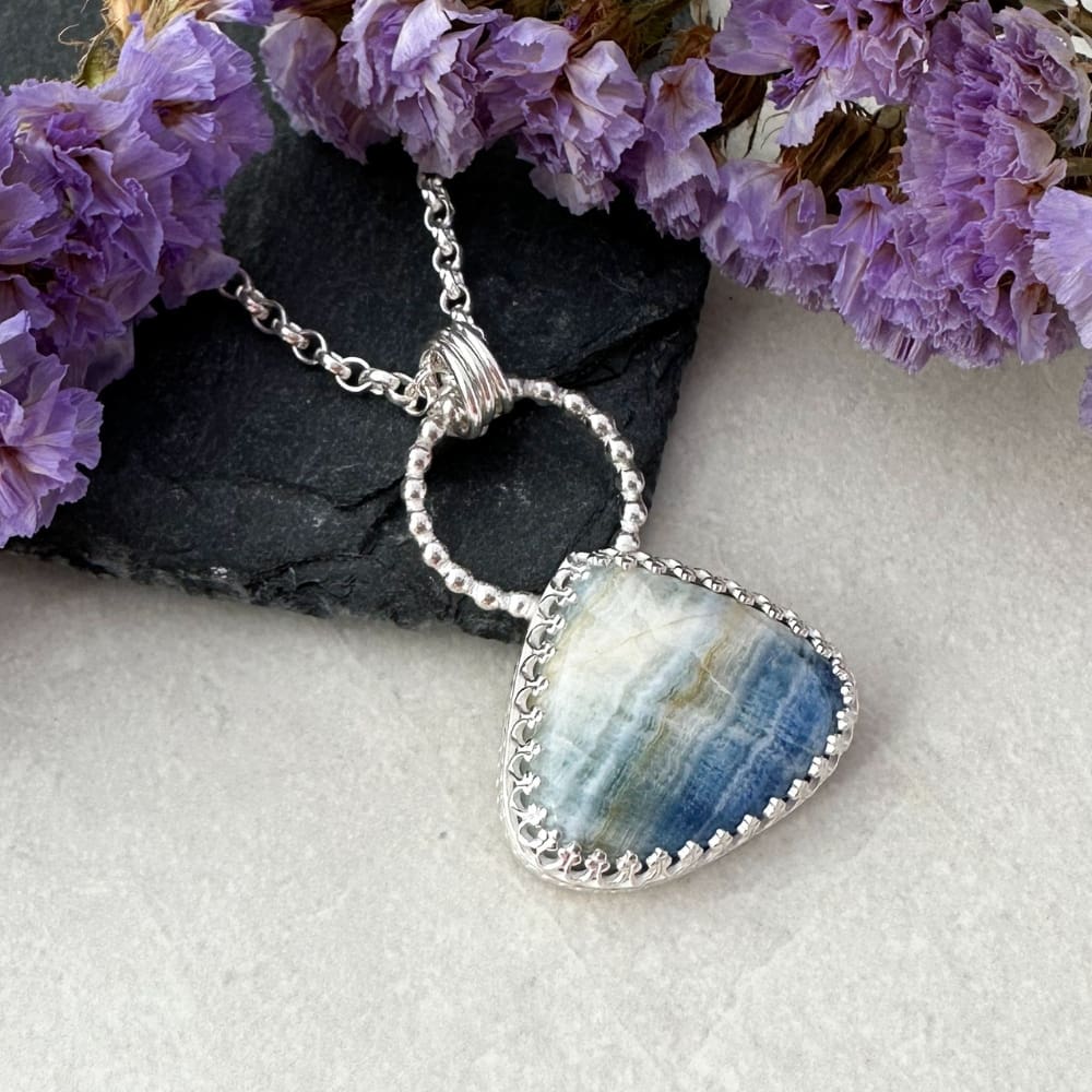 Blue scheelite gemstone necklace handmade in sterling silver