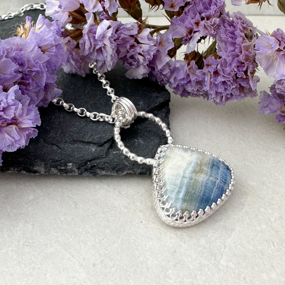 Blue scheelite gemstone necklace handmade in sterling silver